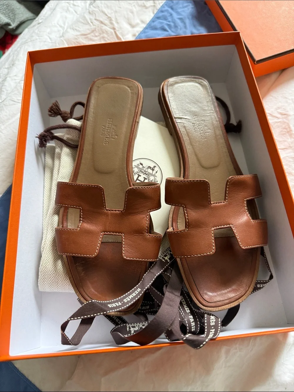 Hermes Women's Brown Leather Oran Slide Sandals - Picture 7 of 8